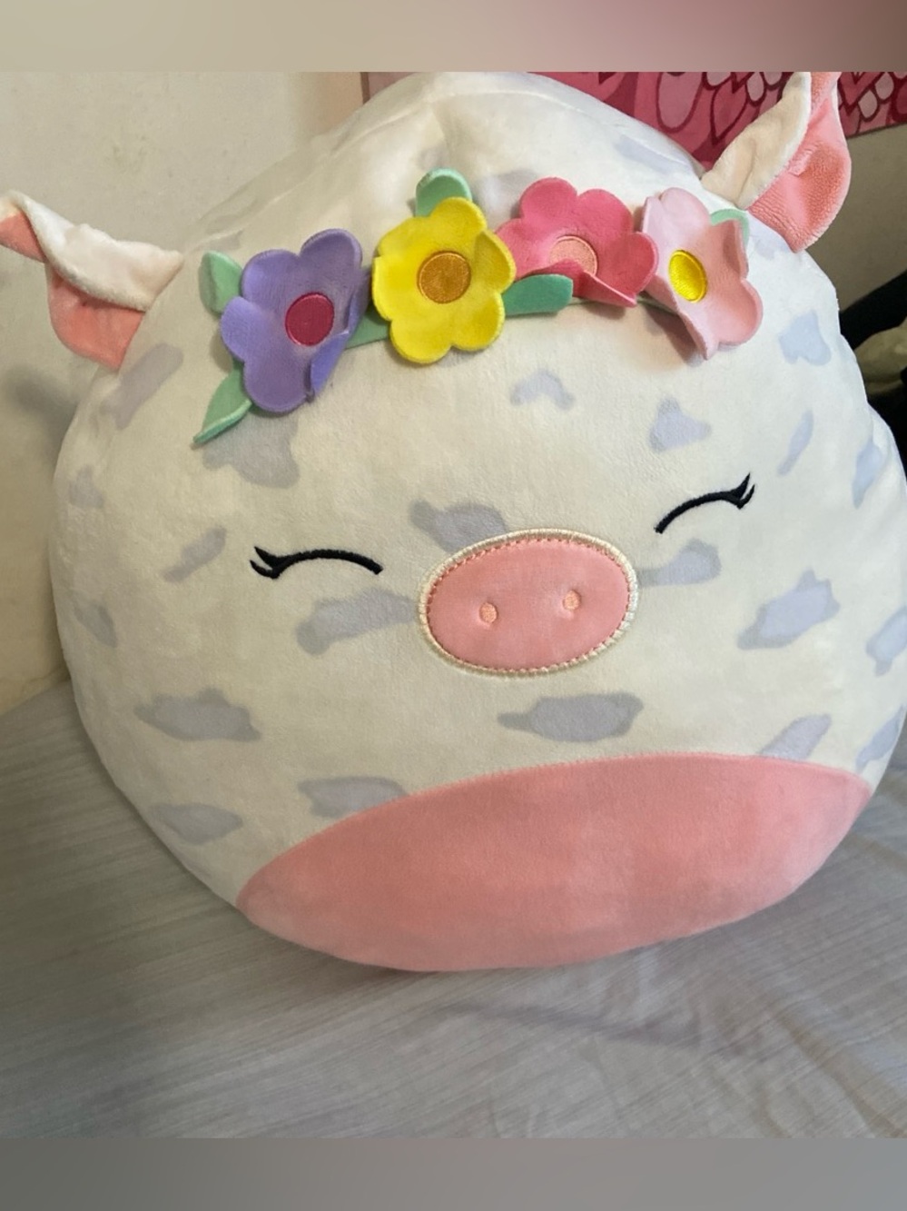 Kids Floral pig Plush Pillow - Pink & White